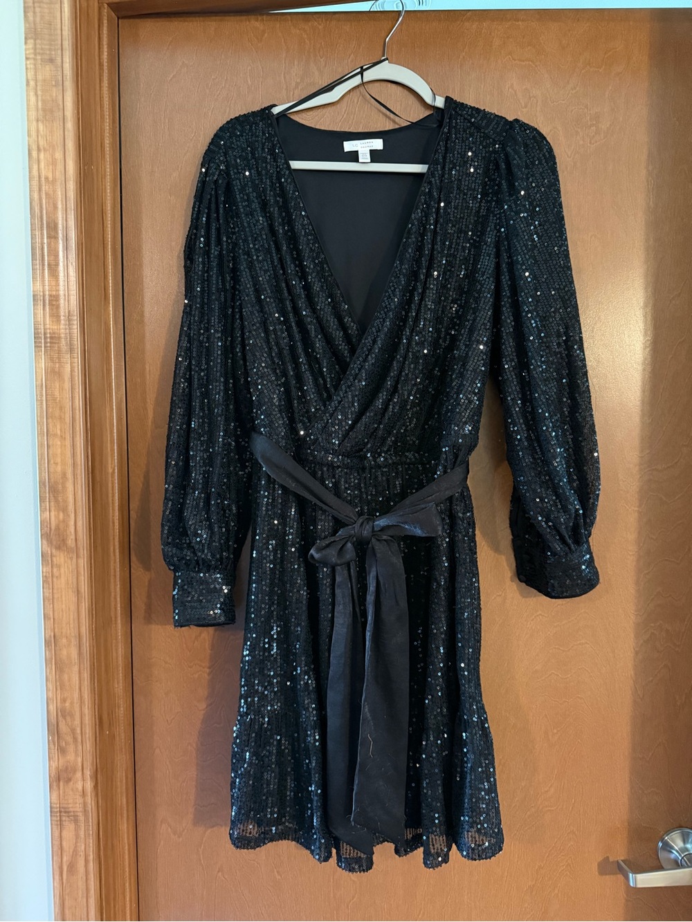 LC Lauren Conrad Black Sequin Wrap Dress with Tie Belt